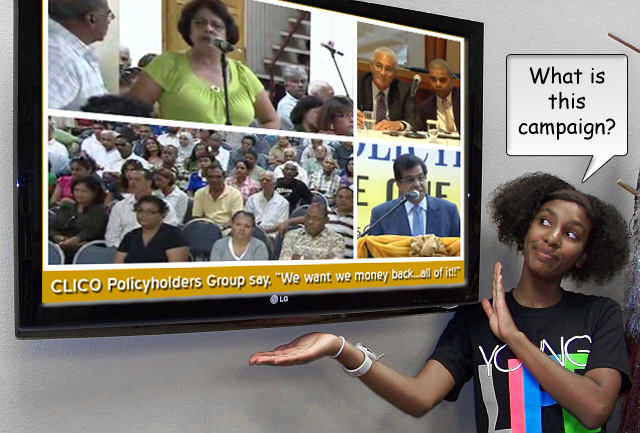 Clockwise from top right, Norris Gomez and Peter Permell; Ramesh Lawrence maharaj; CLICO Policyholders Group meet; a speaker at CLICO Policyholders meeting. Illustration by NiCam Graphics.